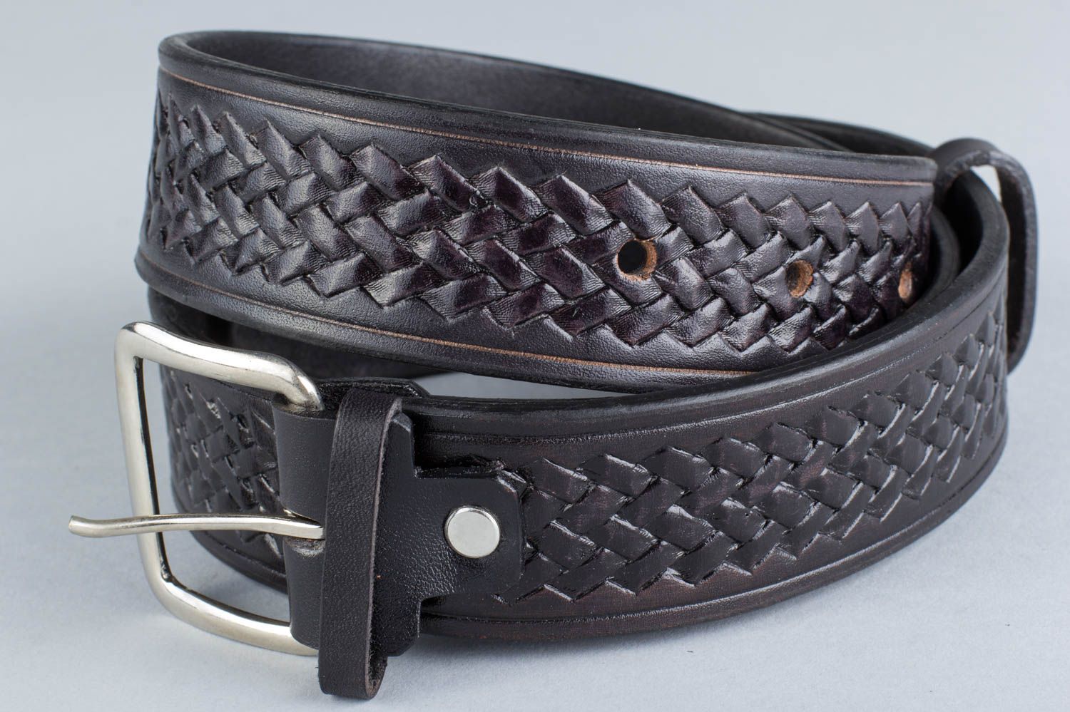 Handmade dark belt made of natural leather with metal buckle and ornament  photo 4