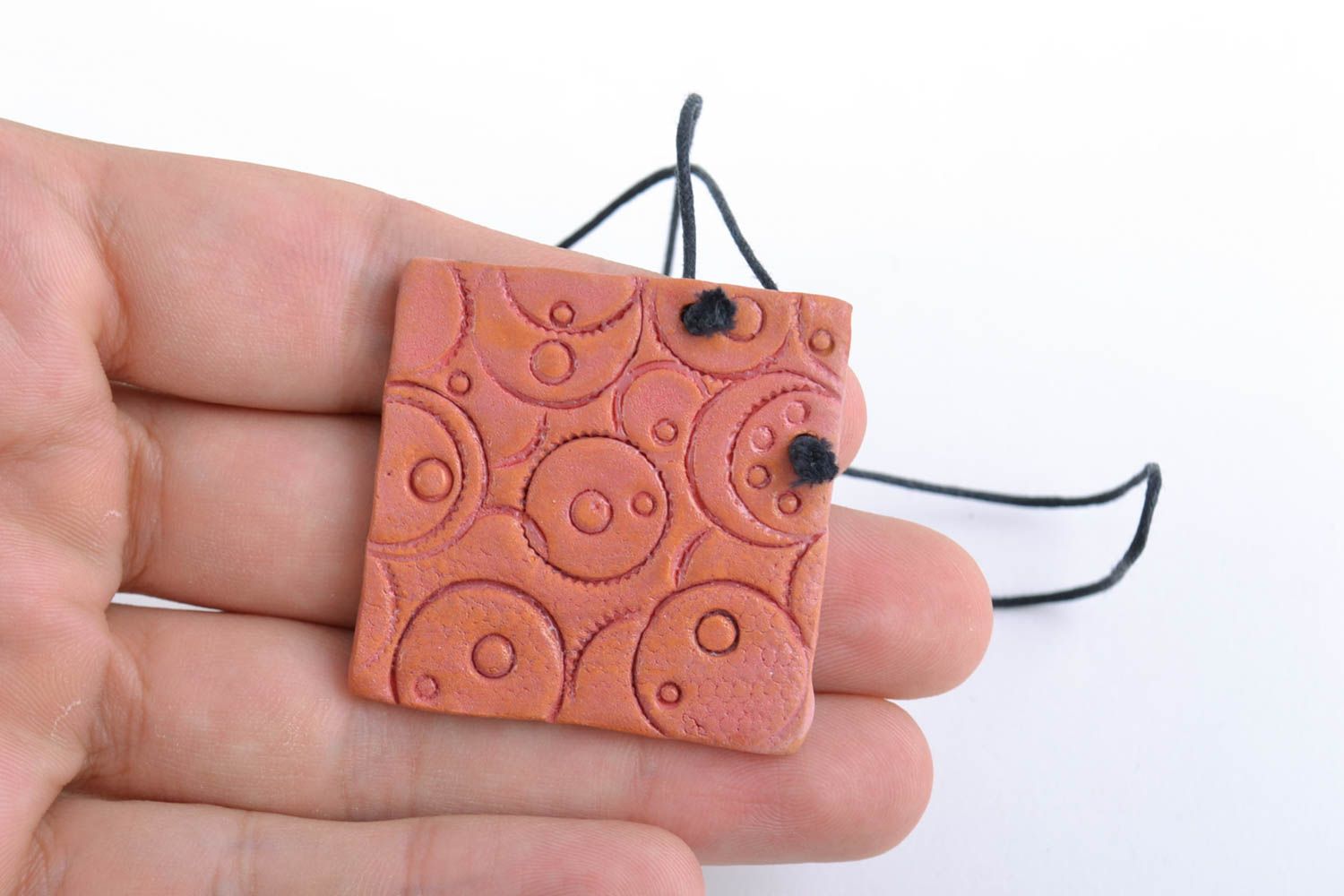 Handmade square ceramic ethnic pendant necklace with relief ornament for women photo 2