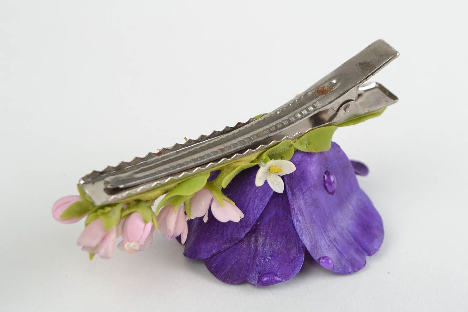 Bright handmade cold porcelain flower hair clip designer accessory Hollyhock  photo 5