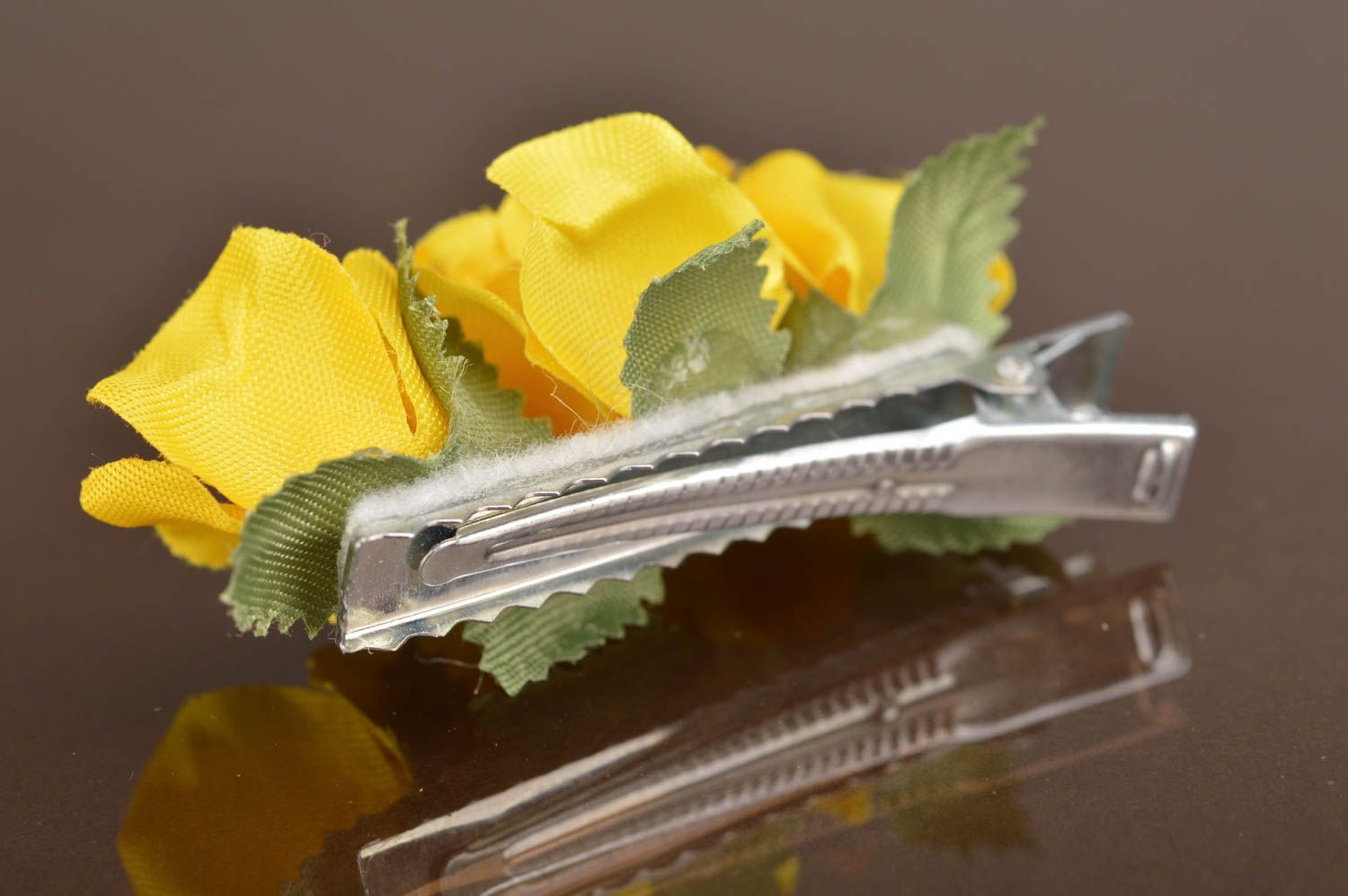 Handmade flower hair clip created in the form of small yellow roses for children photo 5