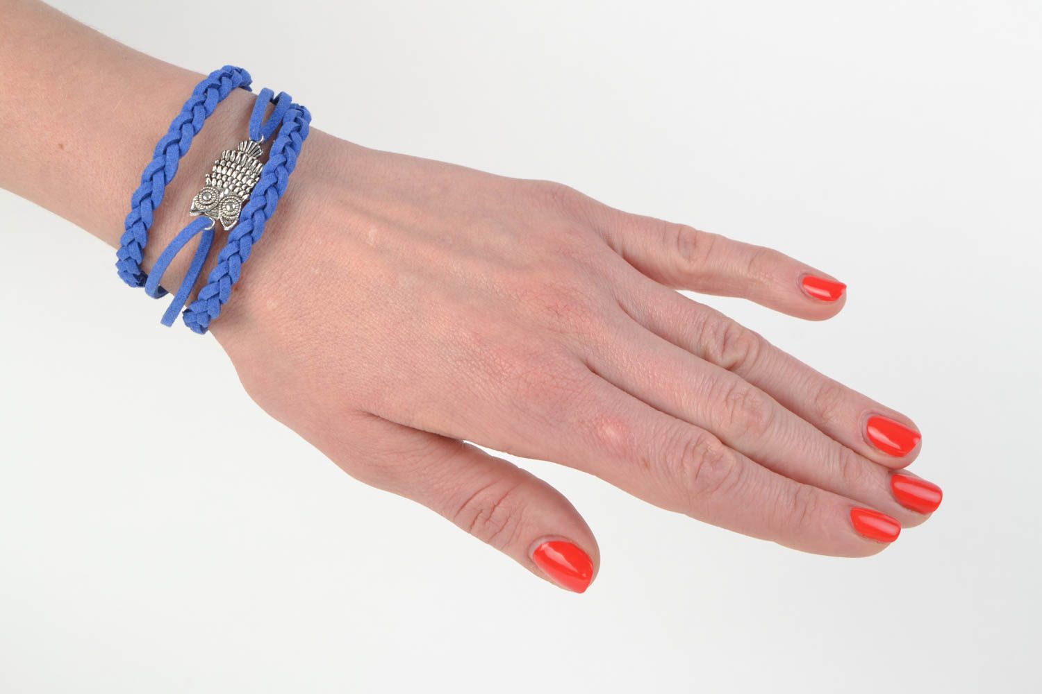 Handmade stylish suede cord blue bracelet with charm owl beautiful accessory photo 2
