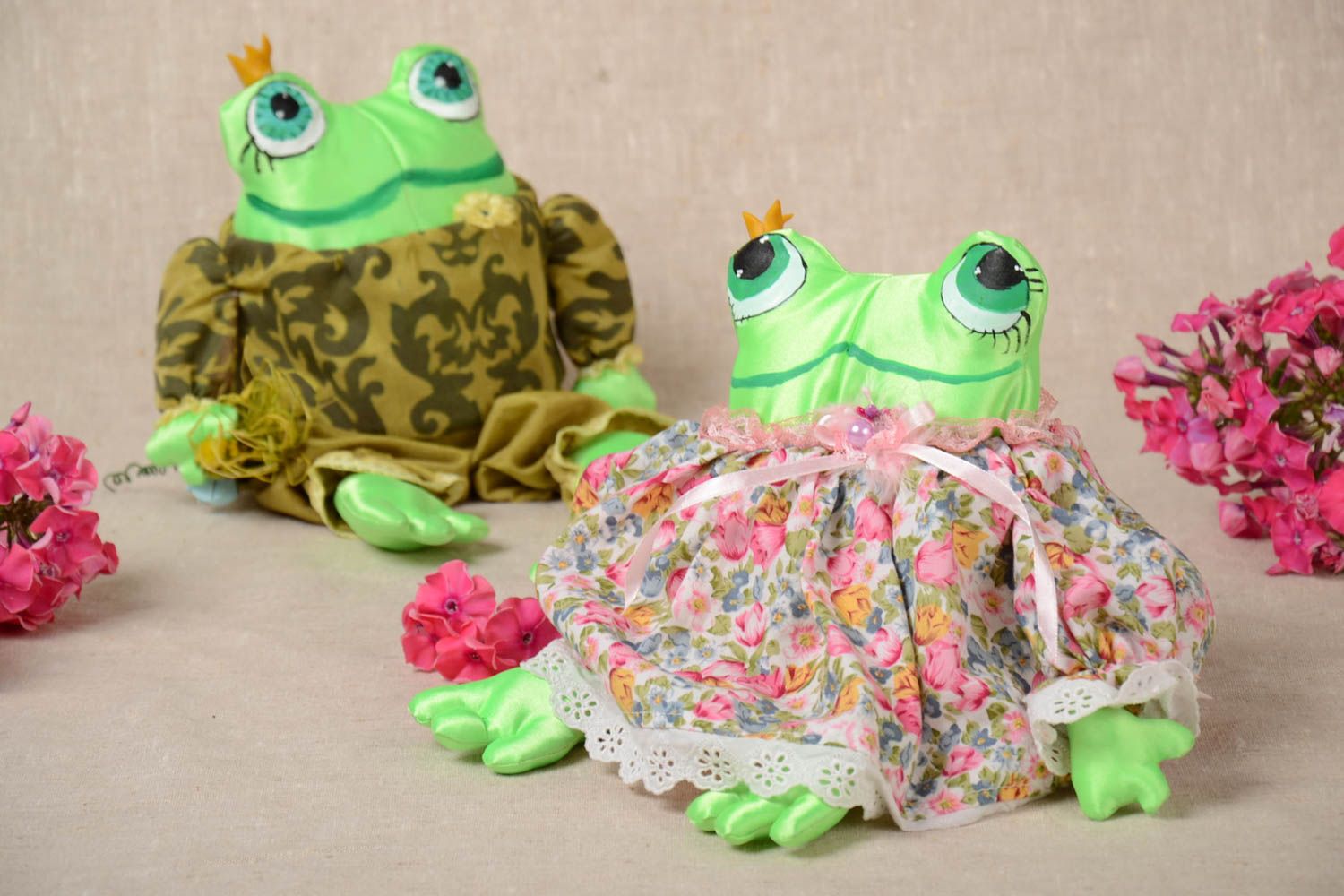 Handmade soft toy of frog for children and home interior set of two items  photo 1
