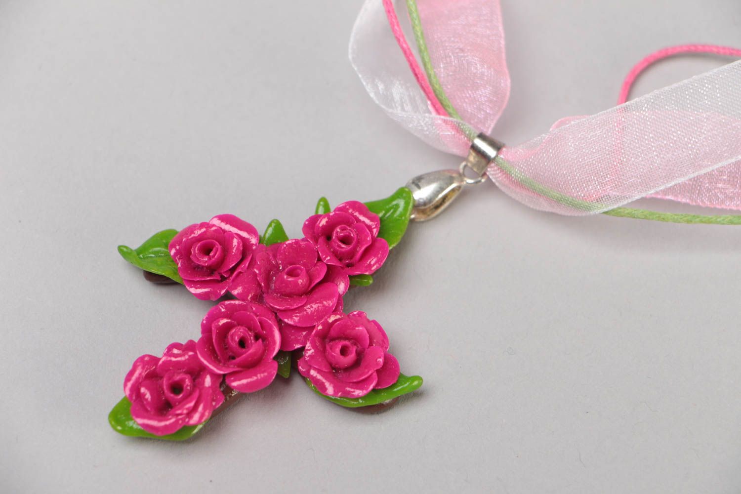 Handmade polymer clay bright pink floral cross pendant necklace on ribbons photo 3