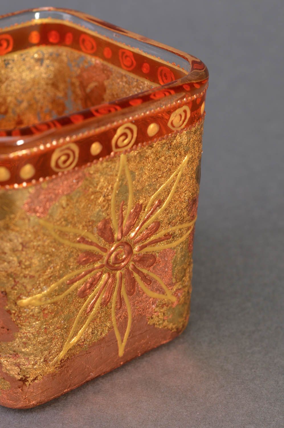 Künstlerischer Kerzenhalter aus Glas Vitrage quadratisch goldenfarbig Handarbeit foto 5