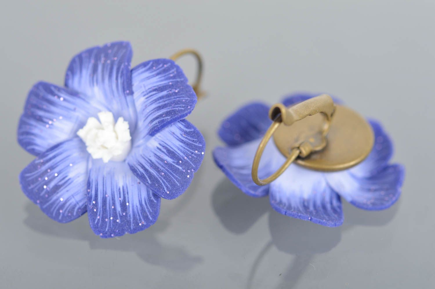 Purple earrings in the shape of flowers made of polymer clay handmade accessory photo 5