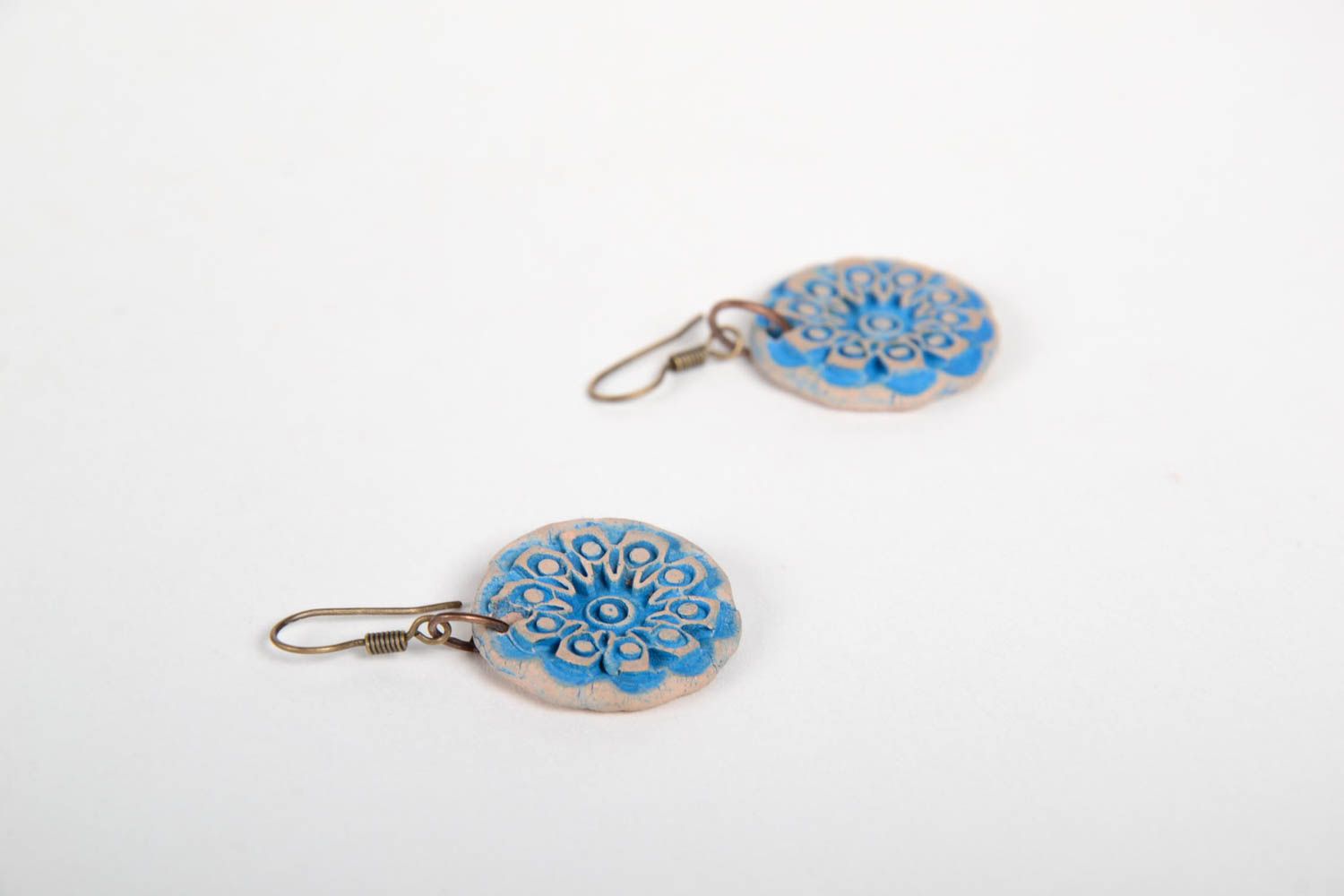Handmade accessories round shaped ceramic earrings beautiful flower earrings photo 5