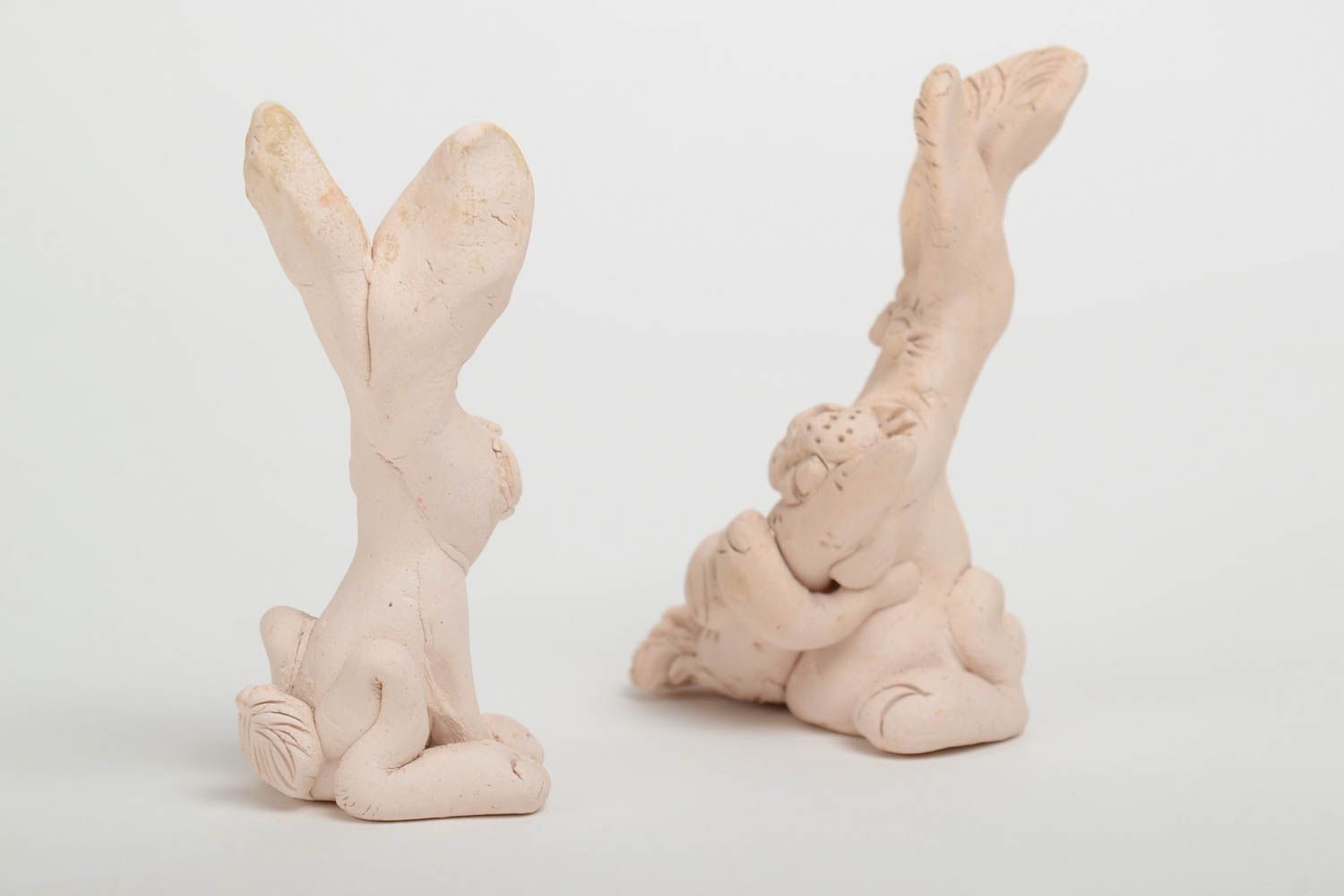 Set of 2 handmade funny miniature ceramic figurines of rabbits for interior photo 3