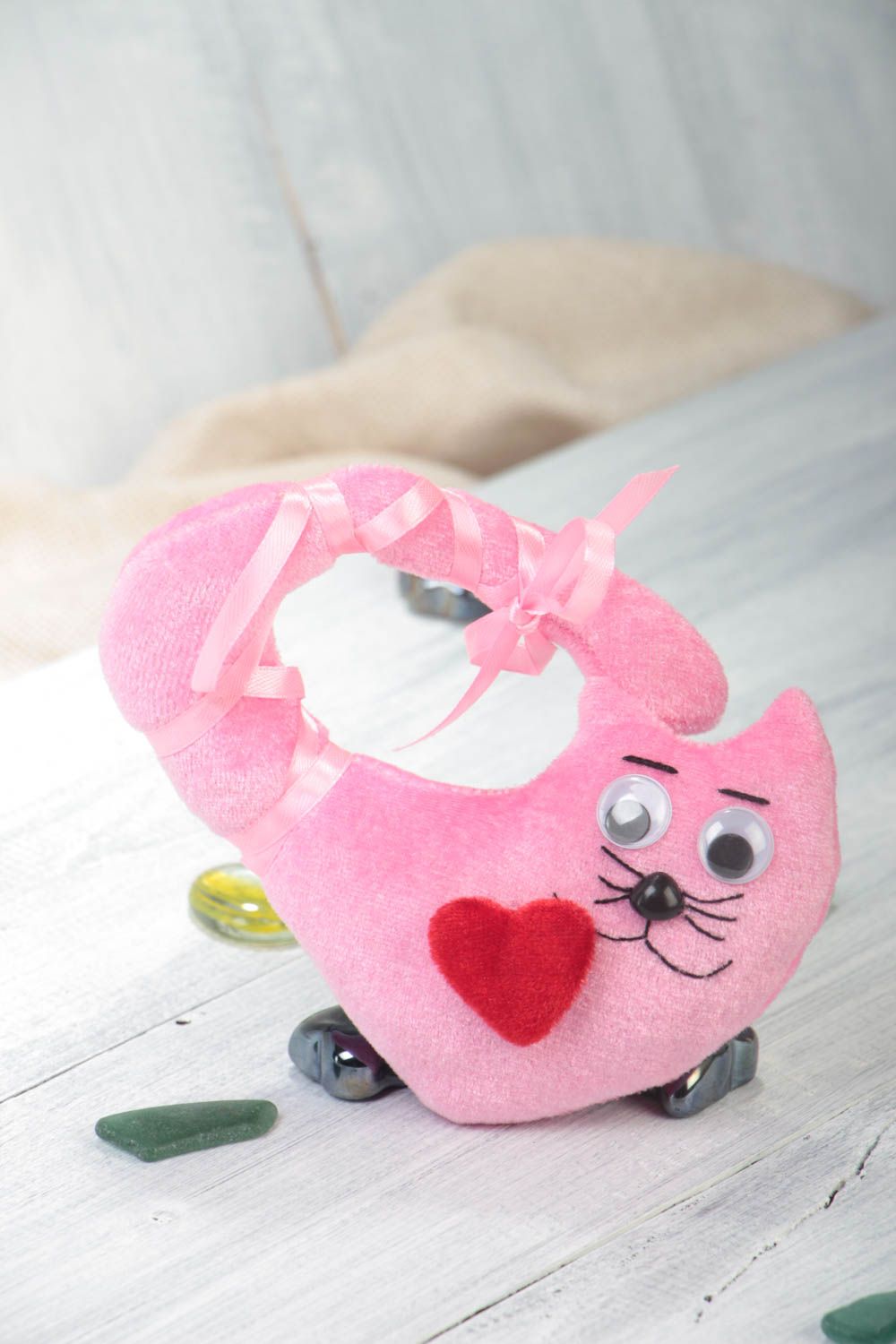 Мягкая игрушка на дверь кот розовый небольшой ручной работы для детской комнаты фото 2