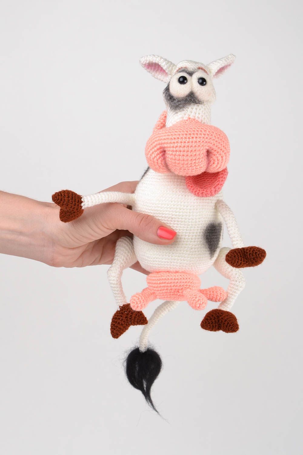 Handmade designer funny soft toy crocheted of acrylic threads funny cow photo 2