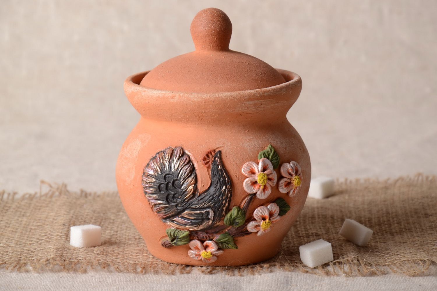 Unusual handmade painted ceramic sugar bowl beautiful clay pot with lid 500 ml photo 1