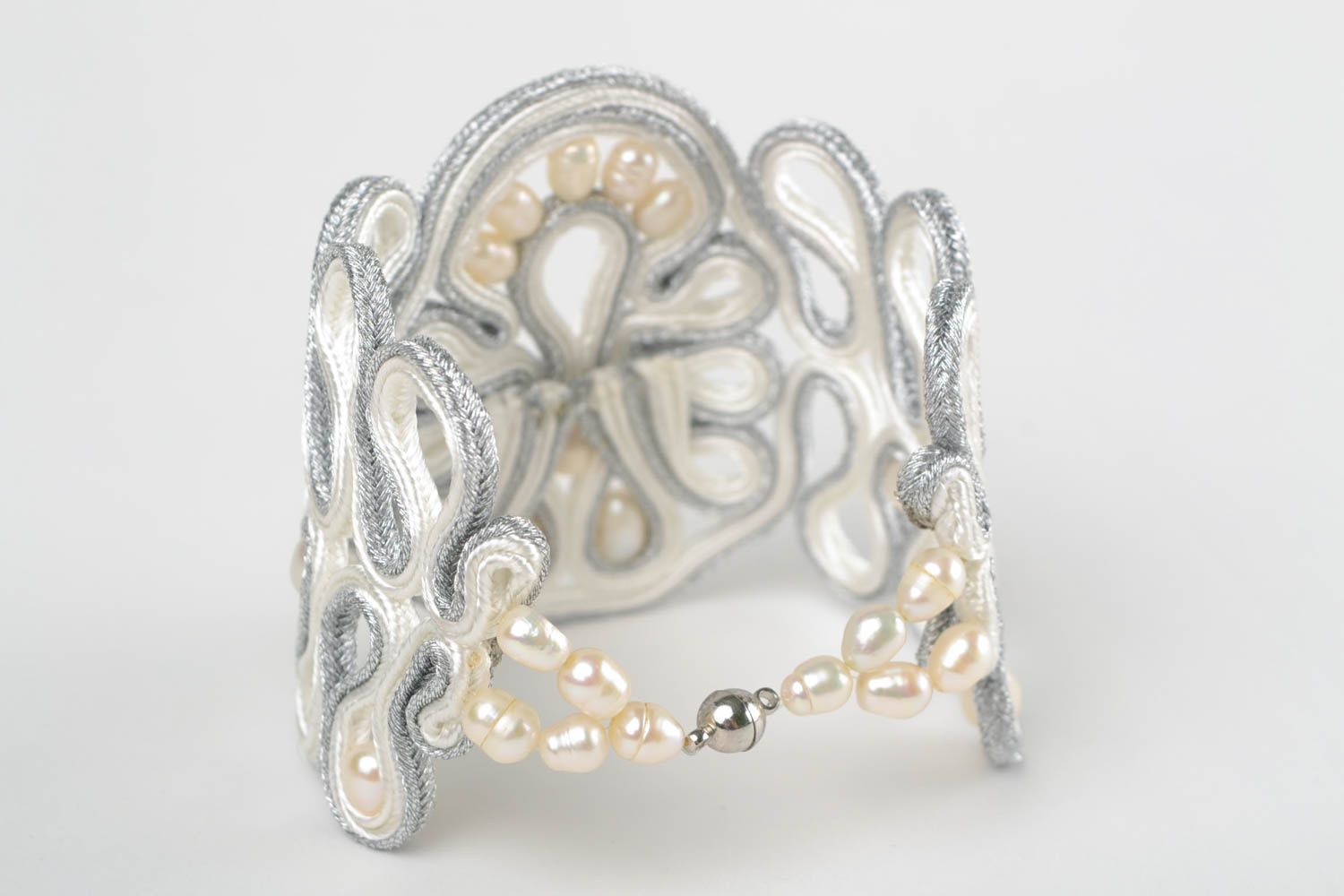 Light festive handmade designer women's soutache bracelet with river pearl photo 4