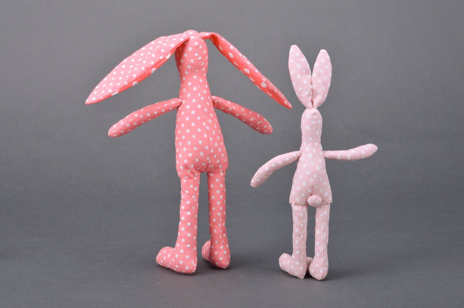 Set of handmade toys rabbits 2 pieces made of cotton pink with polka dots pattern photo 5