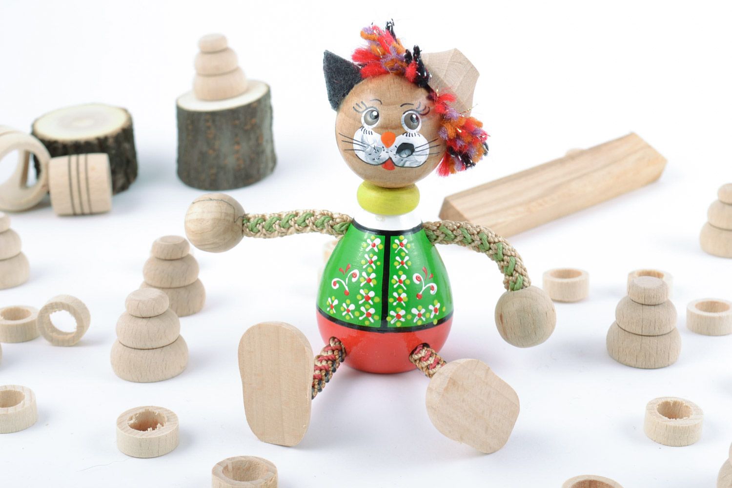 Beautiful painted handmade wooden eco toy Cat in ethnic clothes for children photo 1