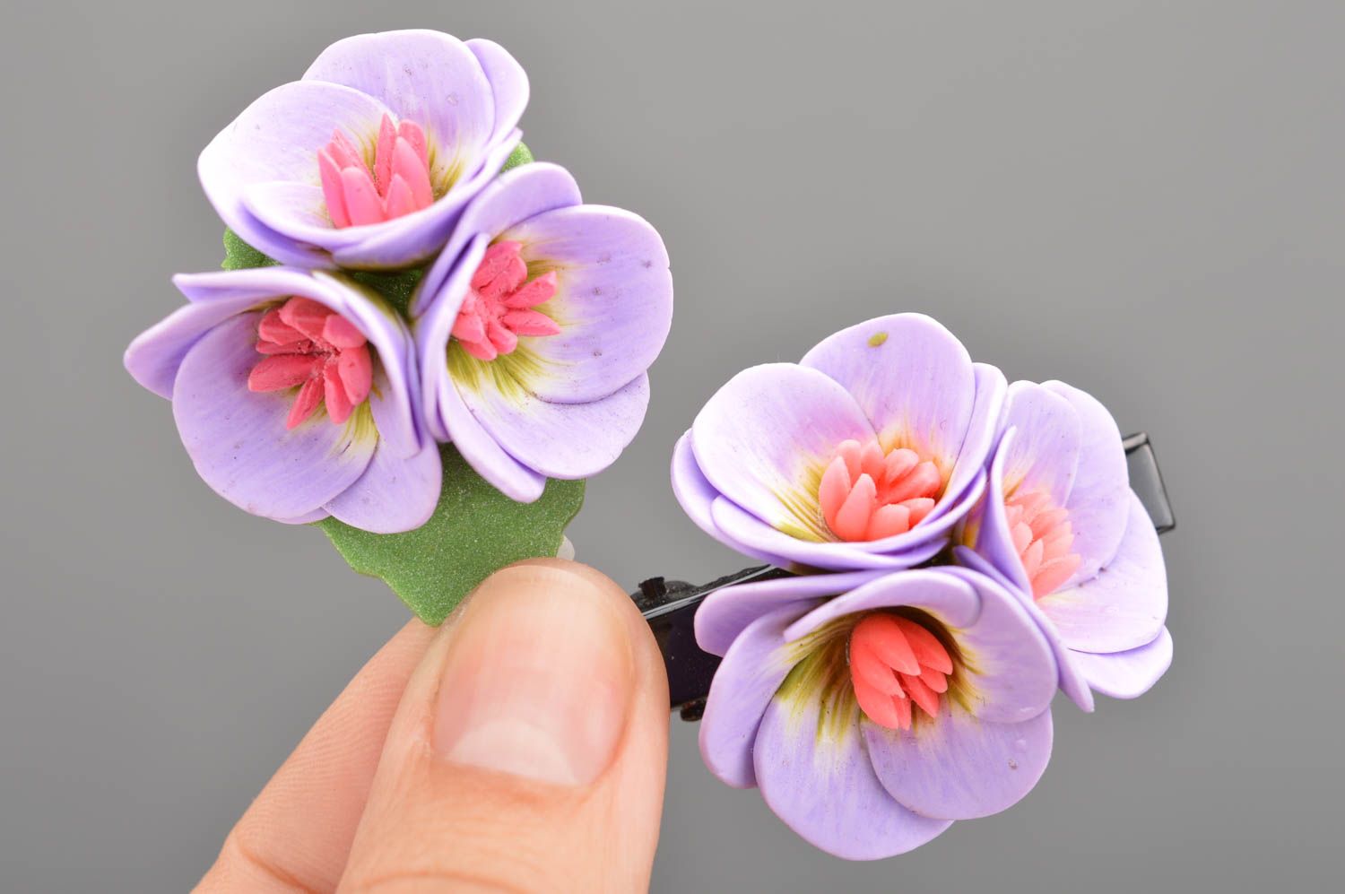 Set of jewelry made of polymer clay brooch and hair clip with lilac water lily photo 2