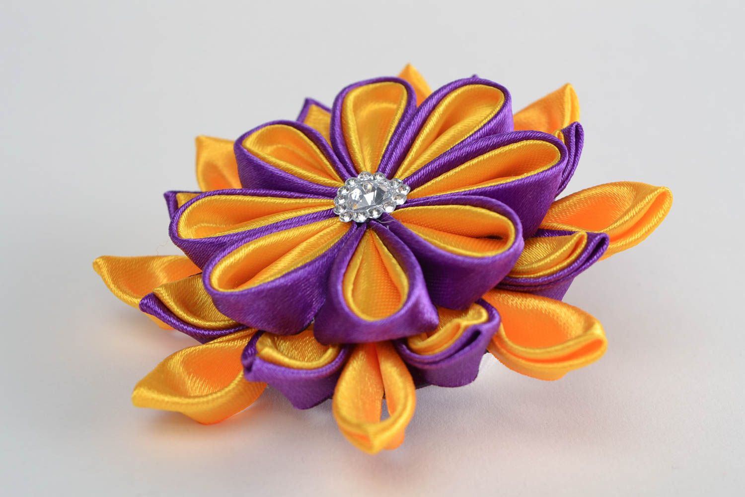 Élastique à cheveux fleur rubans de satin jaune violet fait main pour fillette photo 4