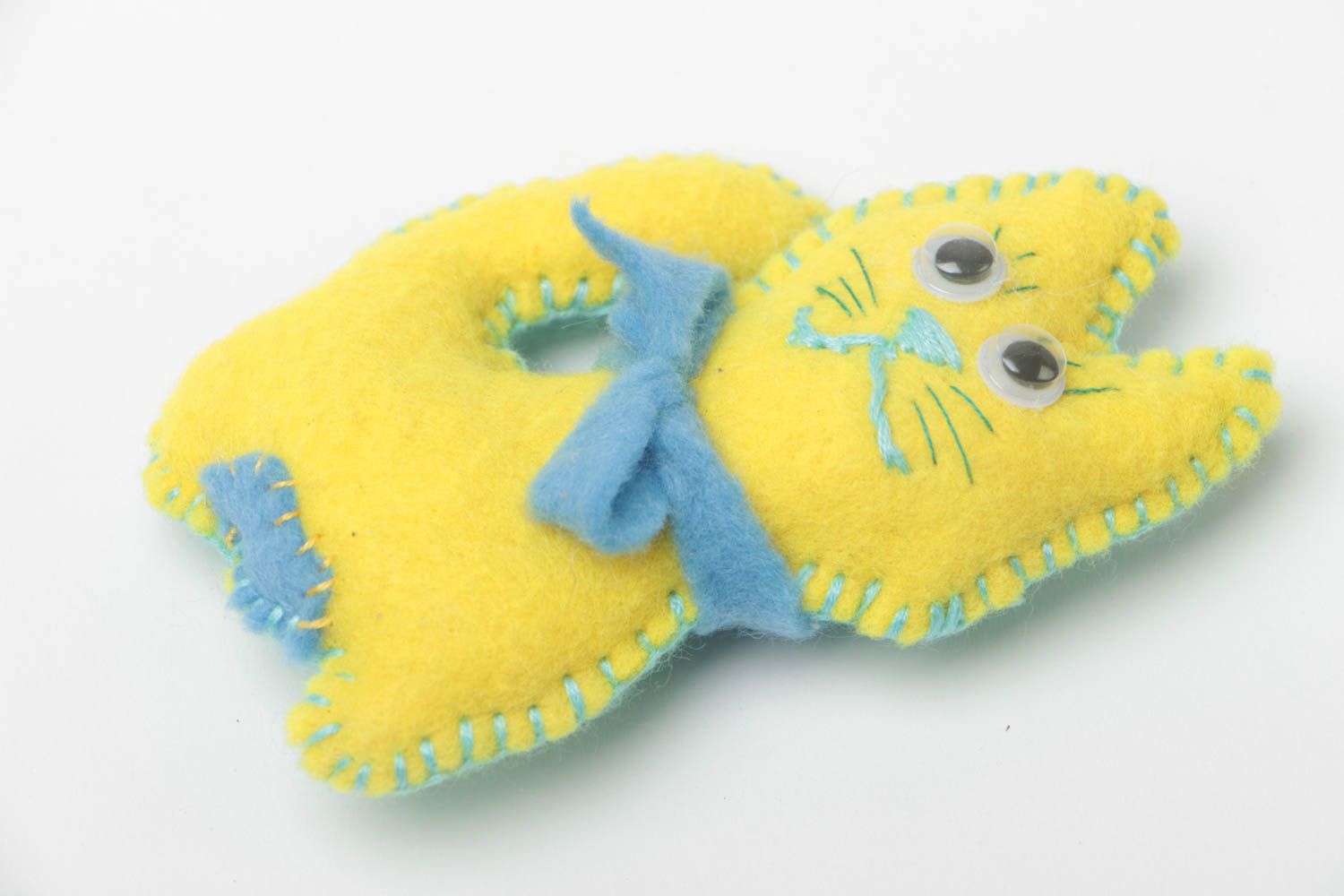 Handmade tiny felt soft toy designer yellow kitten with blue bow for kids photo 2