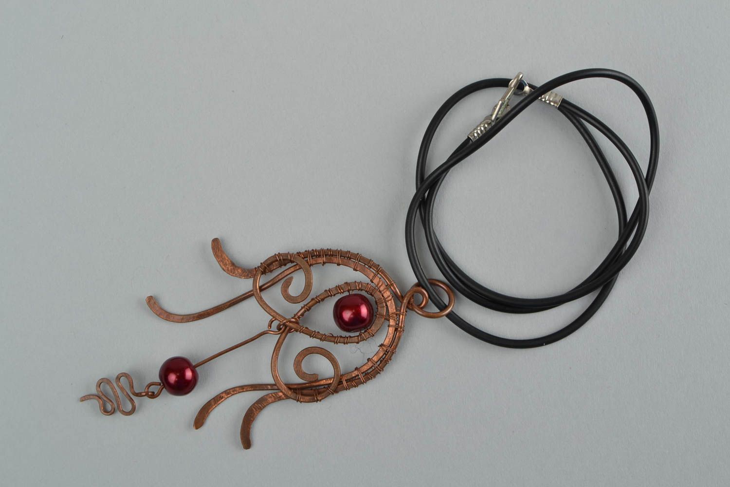 Beautiful handmade designer wire wrap copper necklace with beads on rubber cord photo 5