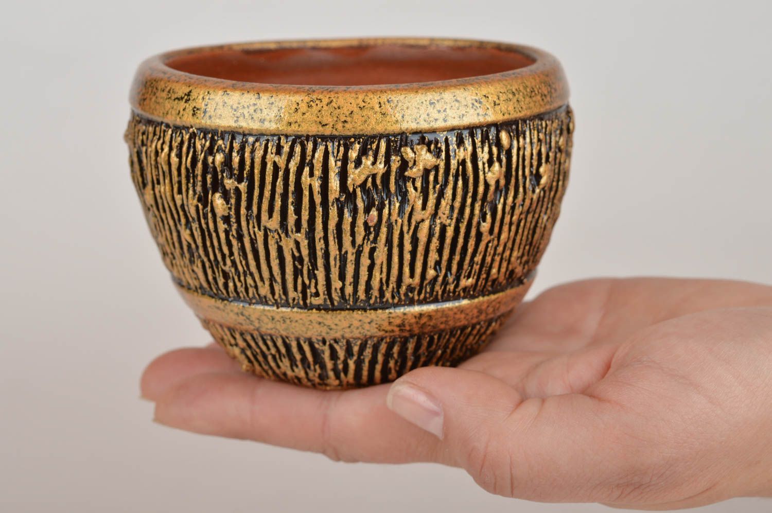 Handmade unusual beautiful stylish clay goldish small bowl for jam 100 ml photo 3