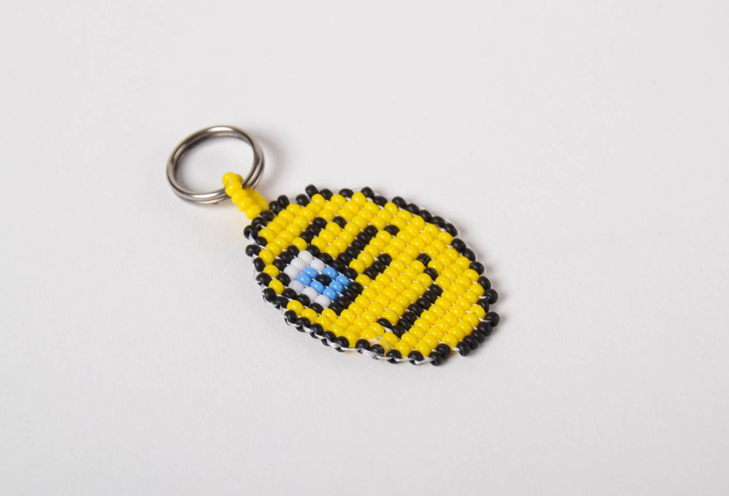 Porte-clés smiley jaune rond en perles de rocaille fait main cadeau original photo 3