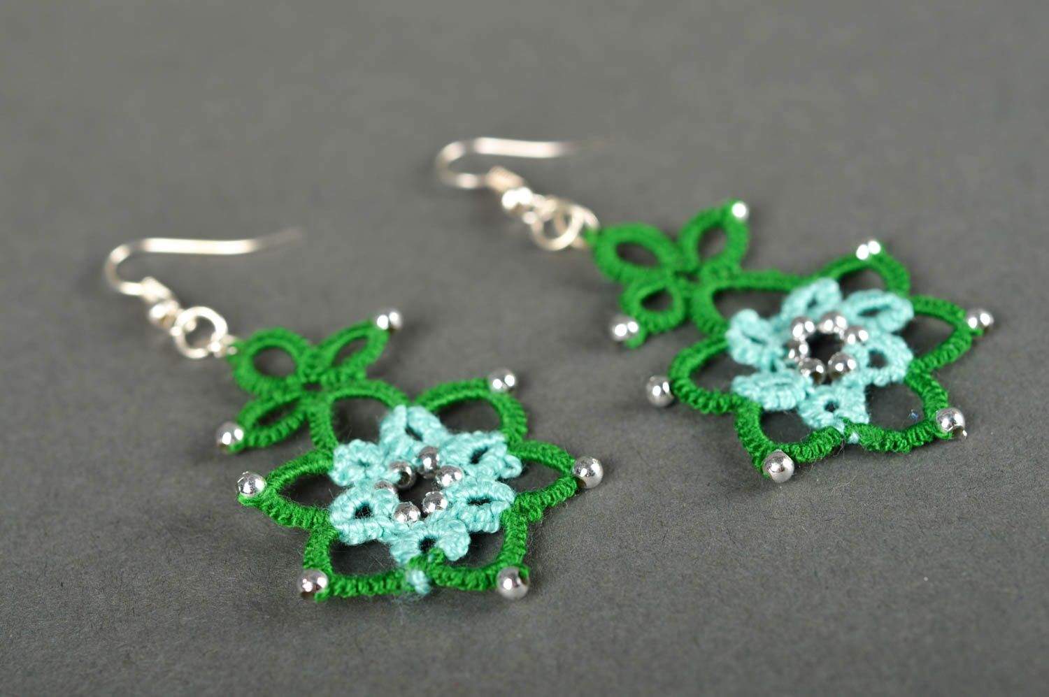 Handmade openwork earrings green elegant earrings cute tatting jewelry photo 2