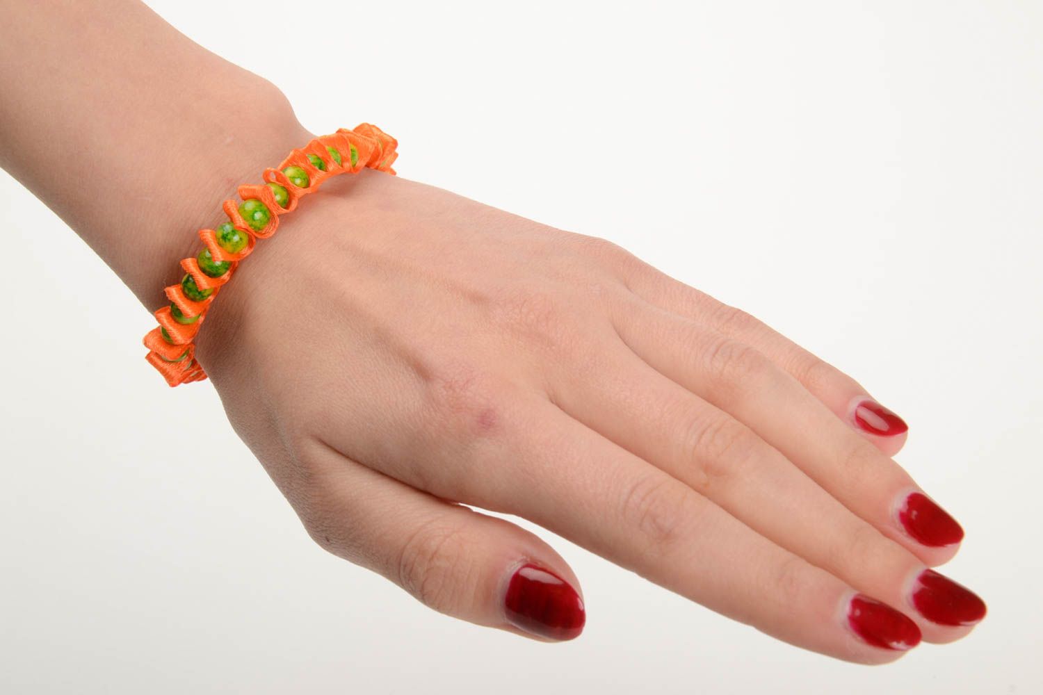 Orange handmade bracelet woven of satin ribbon and glass beads Fantasy photo 5