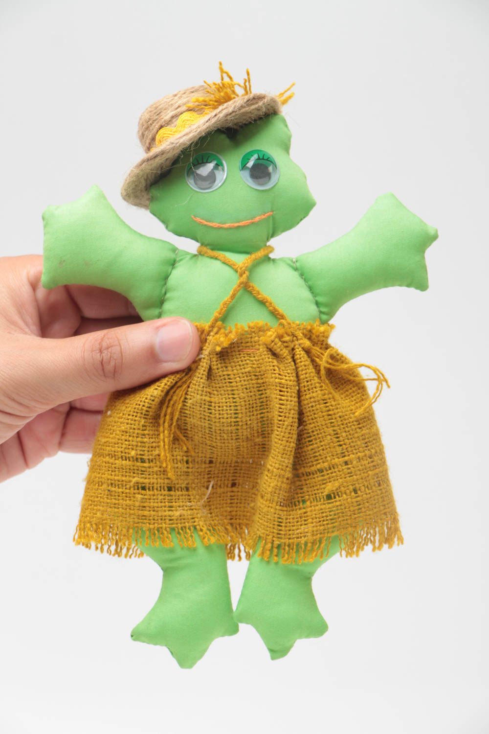 Beautiful handmade textile soft toy green frog in dress photo 5