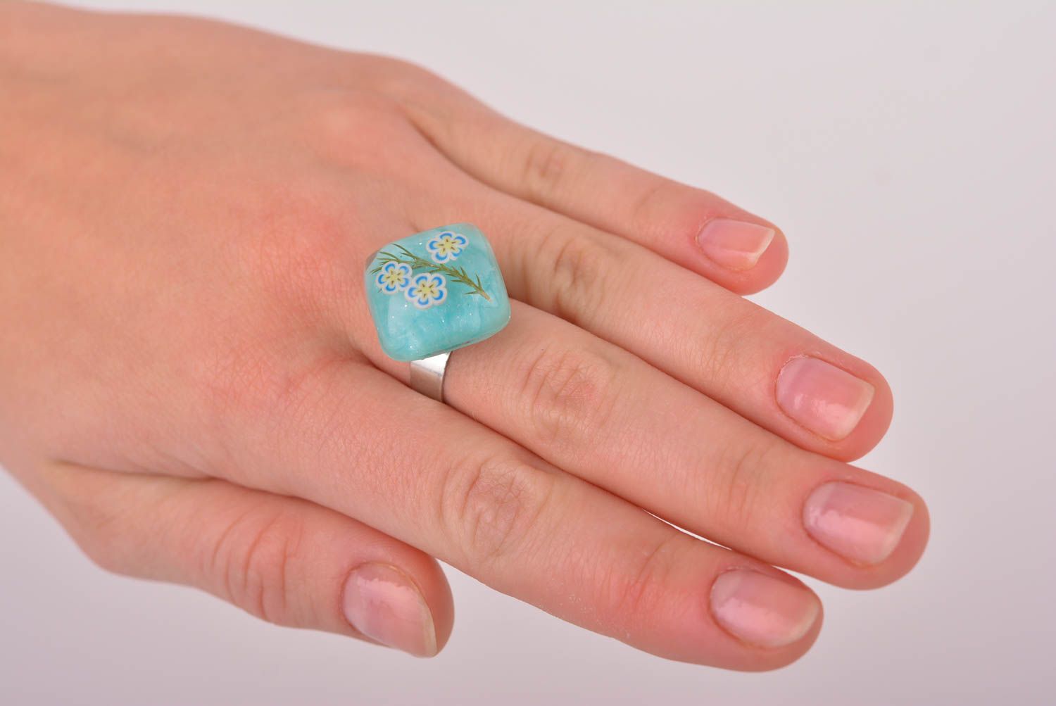 Handmade Blumen Ring aus Epoxid Damen Modeschmuck Accessoire für Frauen türkis foto 5