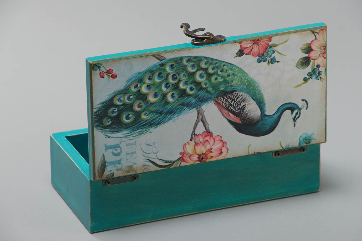 Boîte à bijoux en bois d'aulne peint de couleurs acryliques faite main paon photo 2