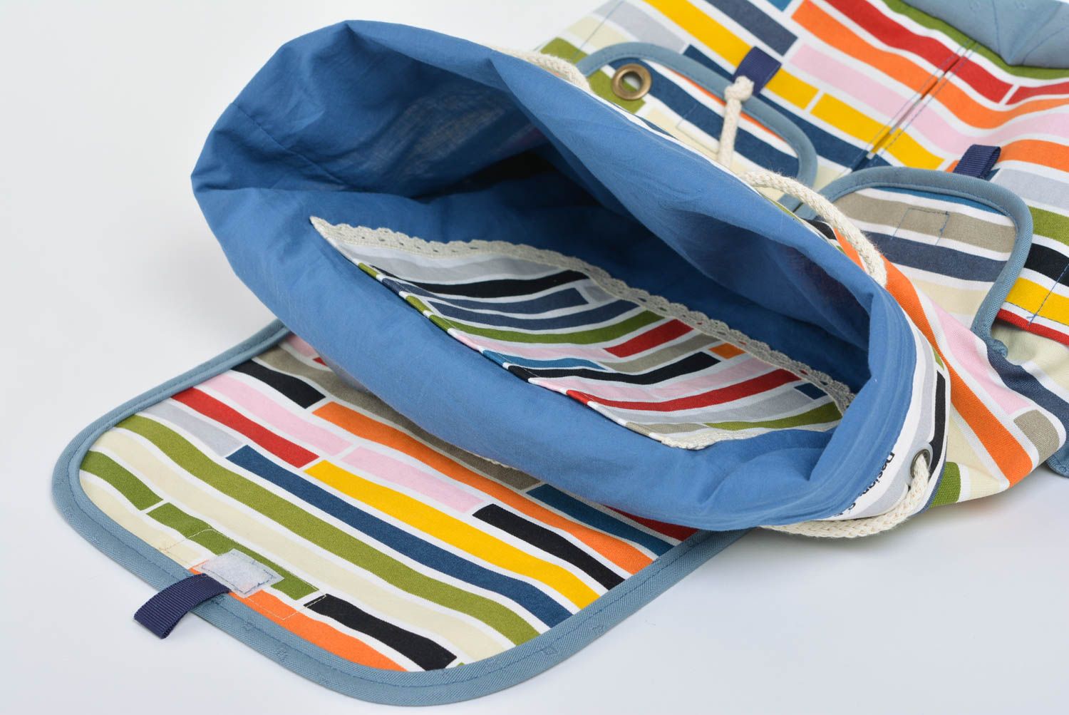 Unusual beautiful handmade fabric women's backpack colorful striped photo 4