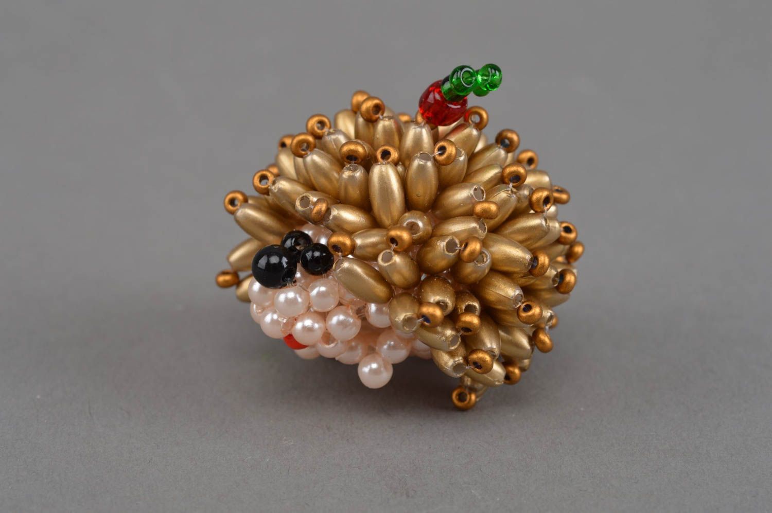Unusual homemade collectible beaded figurine of hedgehog of gold color photo 2
