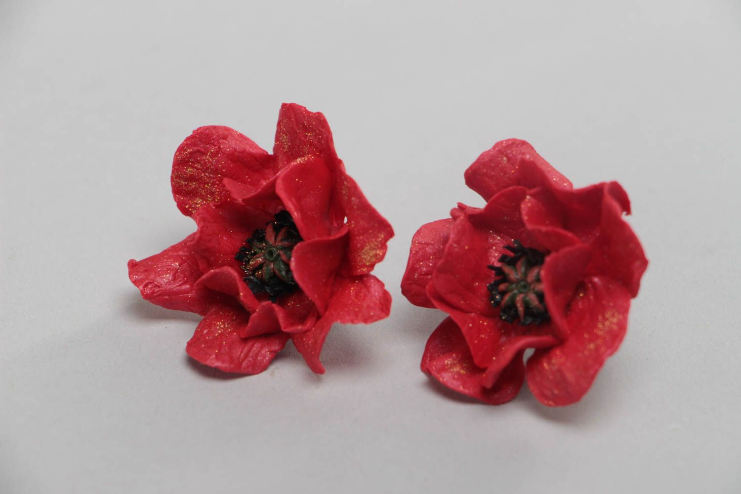 Stud earrings made of polymer clay in the form of red poppies handmade jewelry photo 2