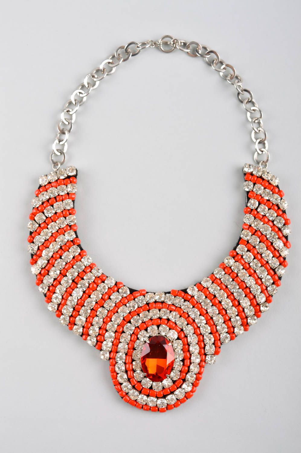 Gros collier Bijou fait main orange perles de rocaille strass Cadeau femme photo 2