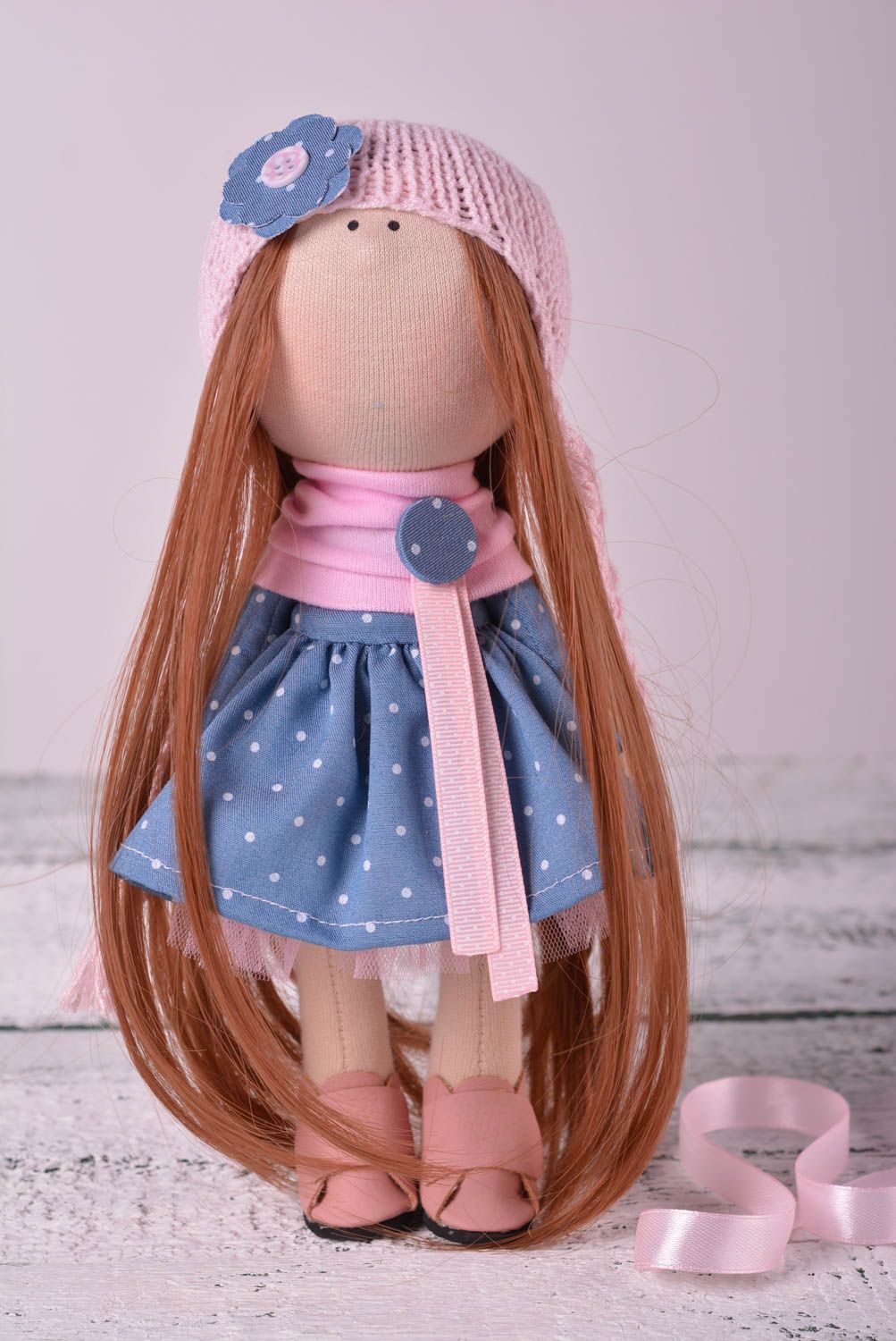 Кукла ручной работы кукла из ткани мягкая кукла из хлопка в платье в горошек фото 1