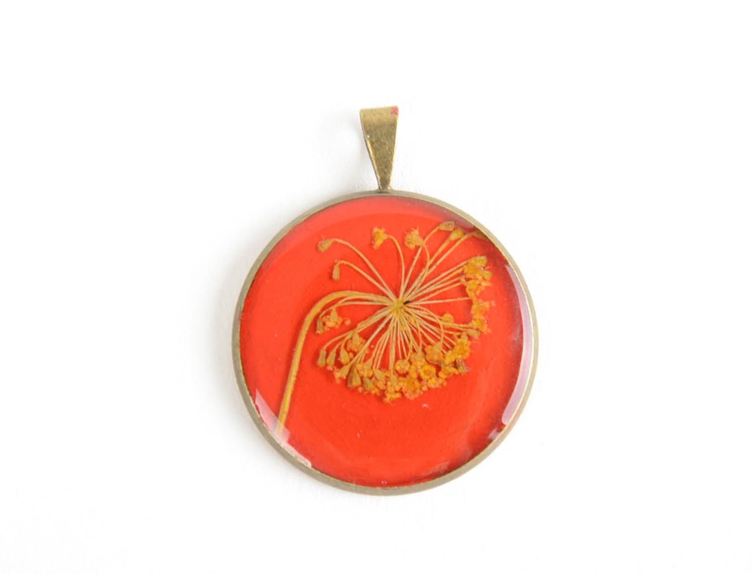Festive red handmade designer pendant necklace with real flowers and epoxy photo 4