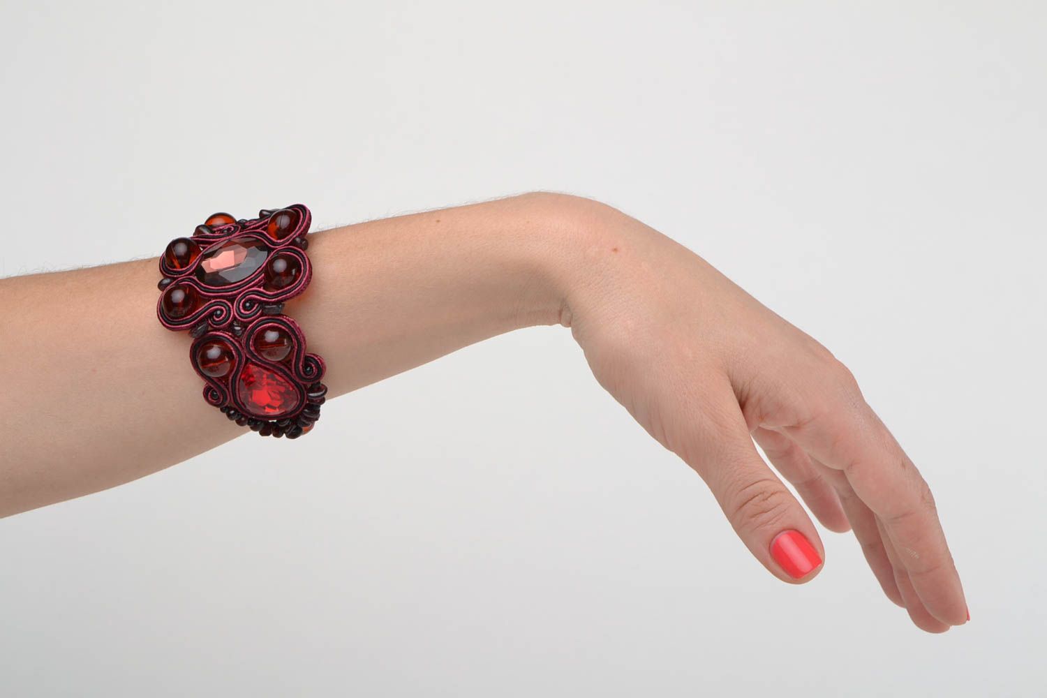 Beautiful dark red handmade soutache bracelet with natural stones photo 1
