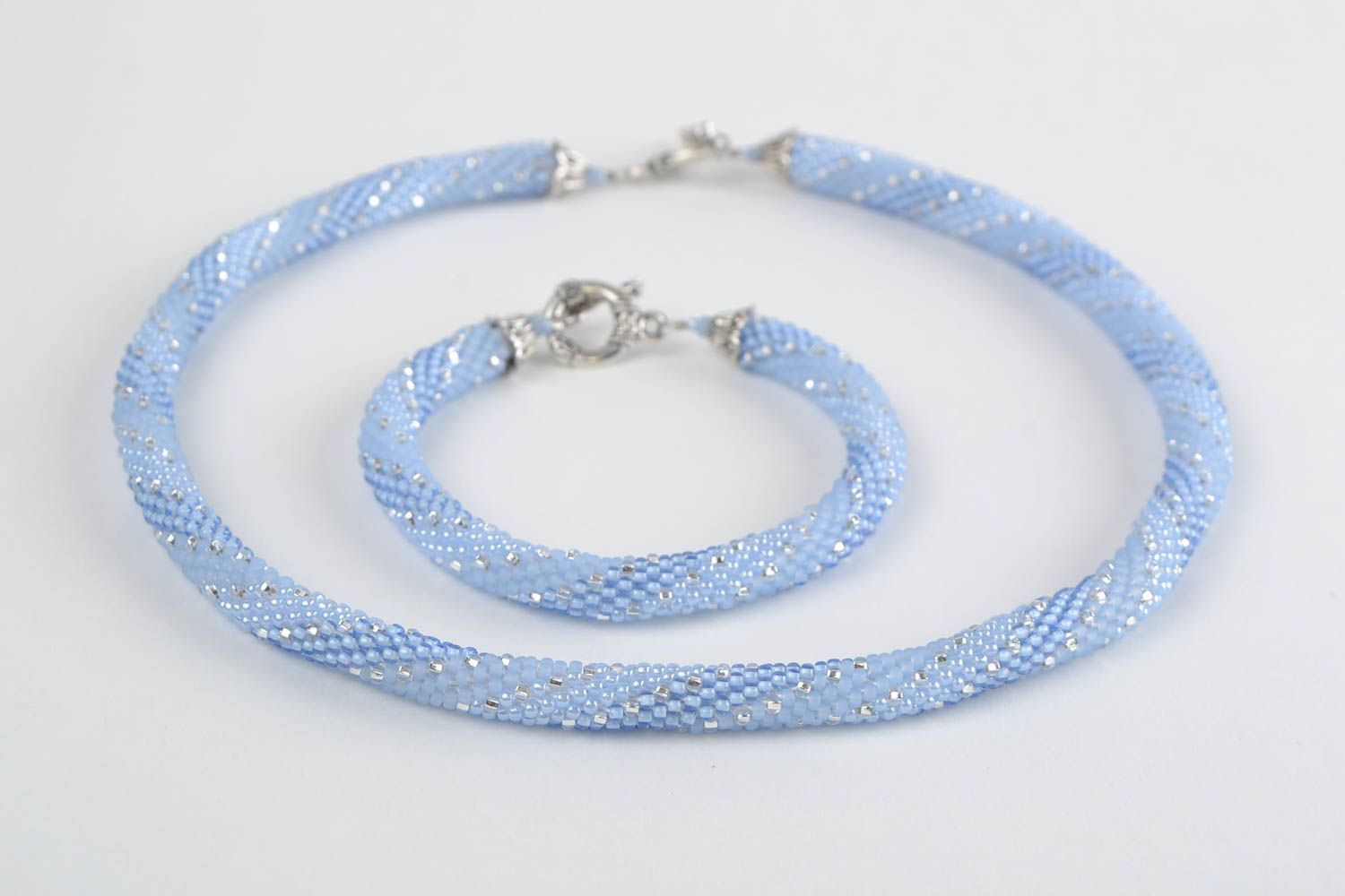Handmade beaded cord and bracelet in blue color with metal fittings photo 3