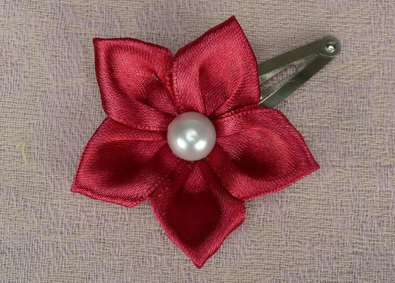 Barrette made of satin and metal Maroon Flower photo 5