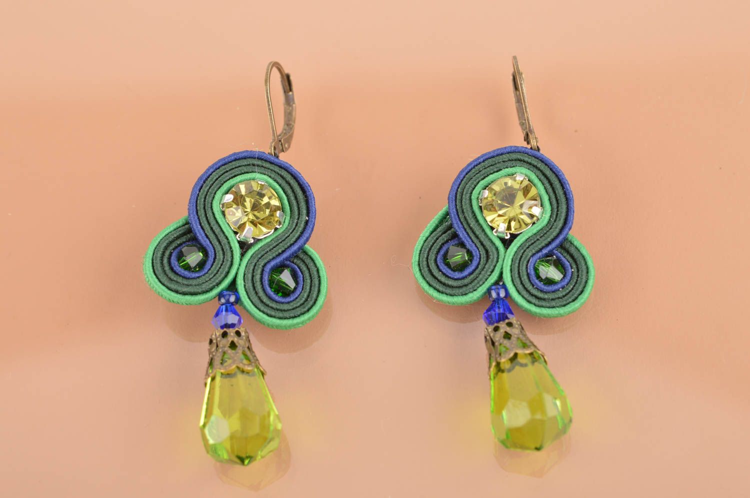 Beautiful handmade designer large soutache earrings of green color with beads photo 2