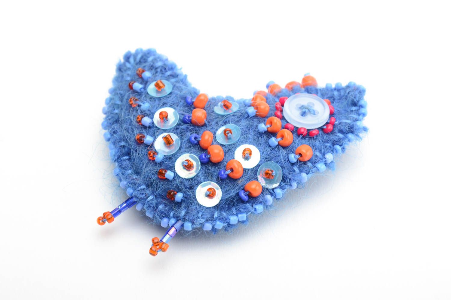 Beautiful blue handmade soft unusual brooch made of wool in the form of Bird photo 2