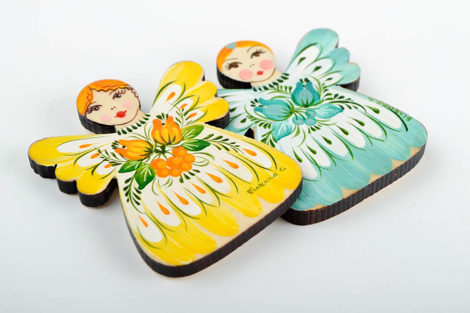 Magnets en bois Aimants frigo fait main peints 2 pièces Décoration cuisine Anges photo 3