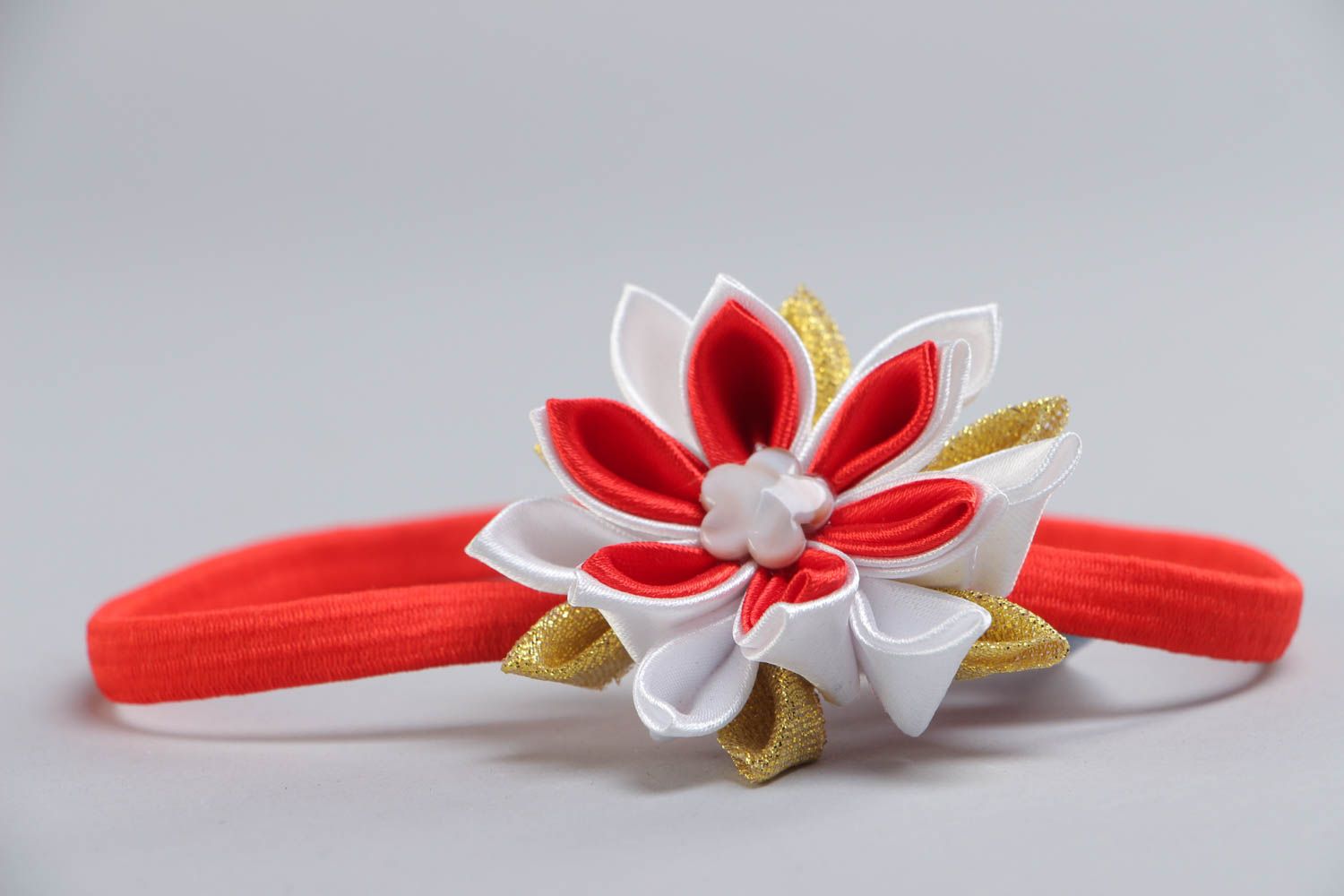 Handmade designer headband will thin basis and volume red ribbon kanzashi flower photo 3
