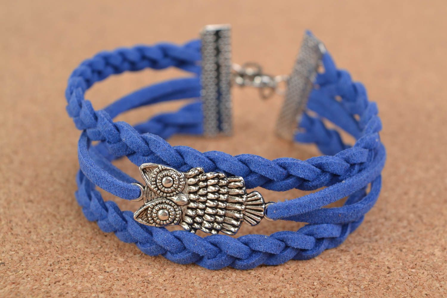 Handmade stylish suede cord blue bracelet with charm owl beautiful accessory photo 1