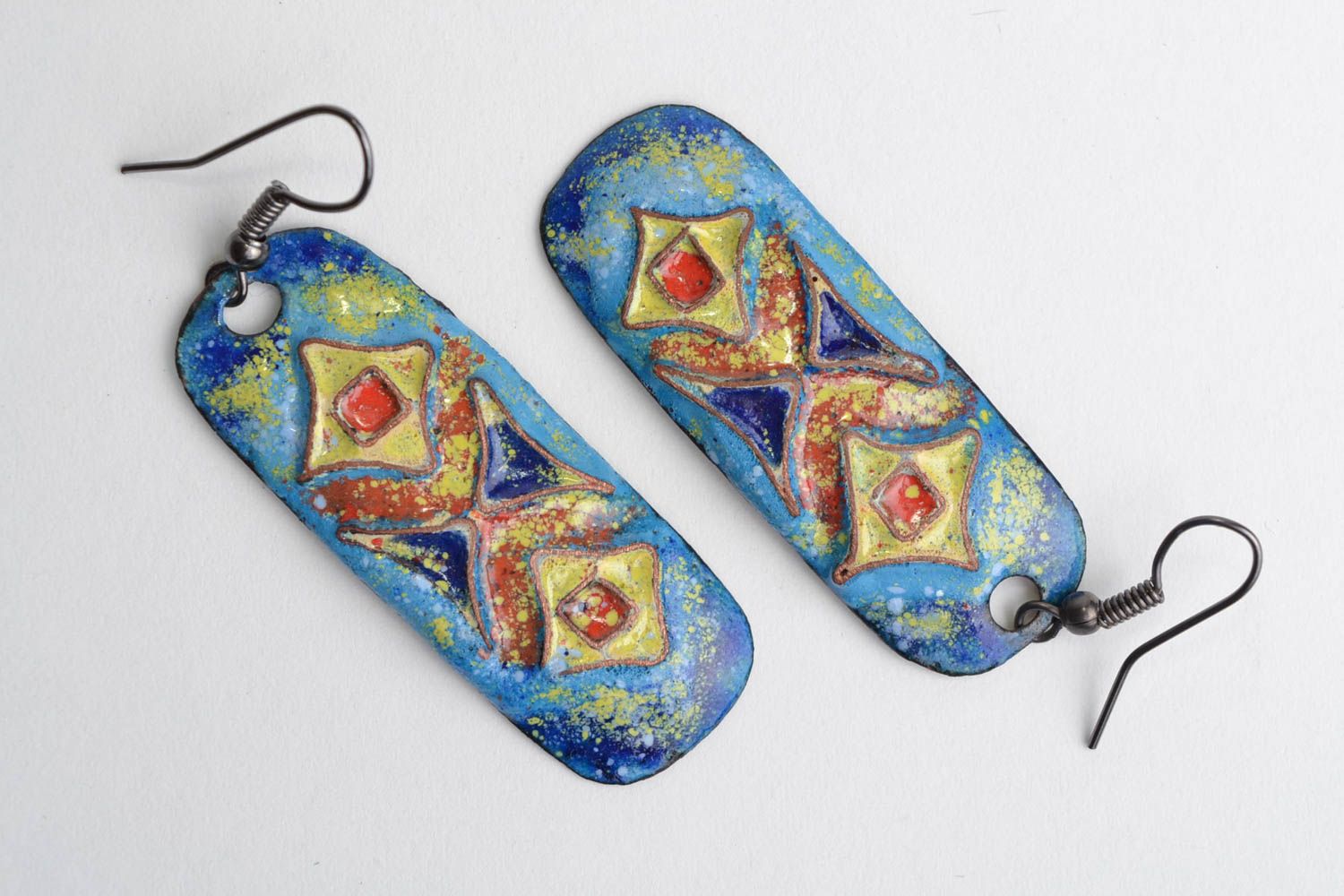 Handmade unusual long dangling blue enameled copper earrings with relief pattern photo 1
