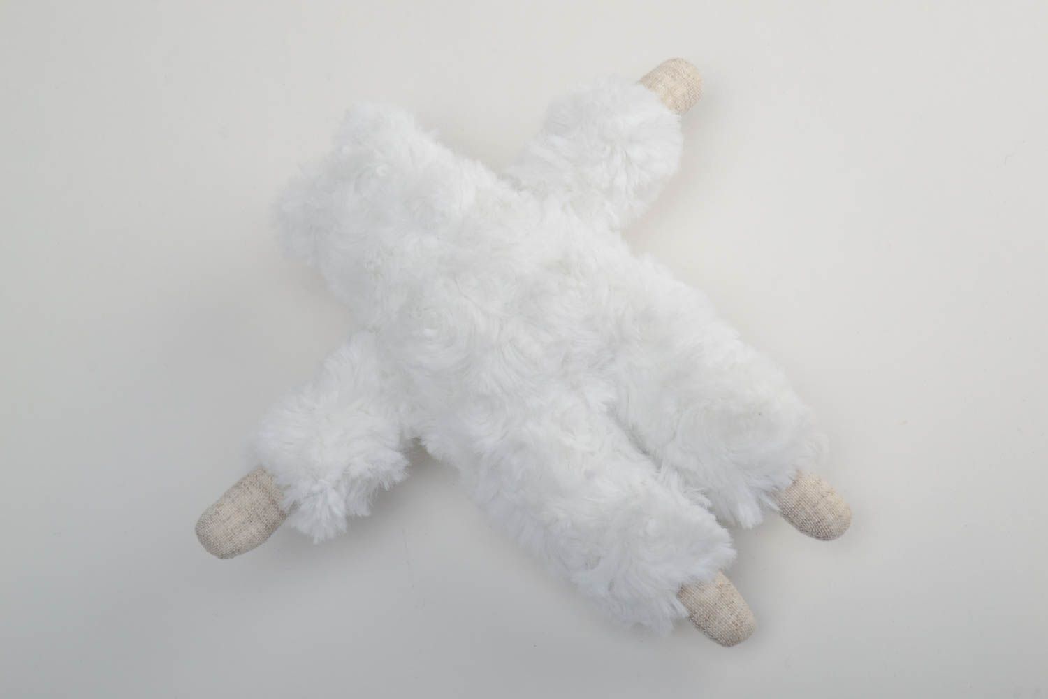 Handmade small soft toy lamb sewn of white faux fur and patterned linen fabric photo 4