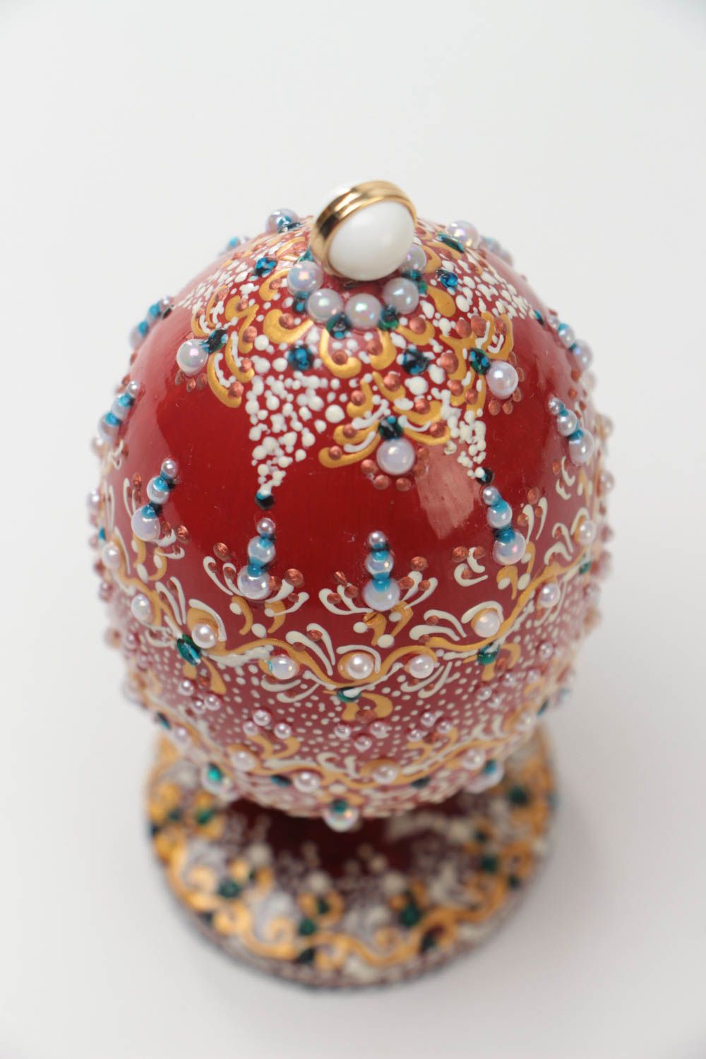 Handmade interior decorative wooden painted egg on stand decorated with beads photo 4