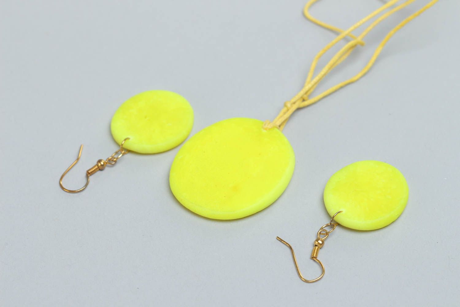 Handmade set of polymer clay jewelry earrings and pendant bright yellow with orange photo 4