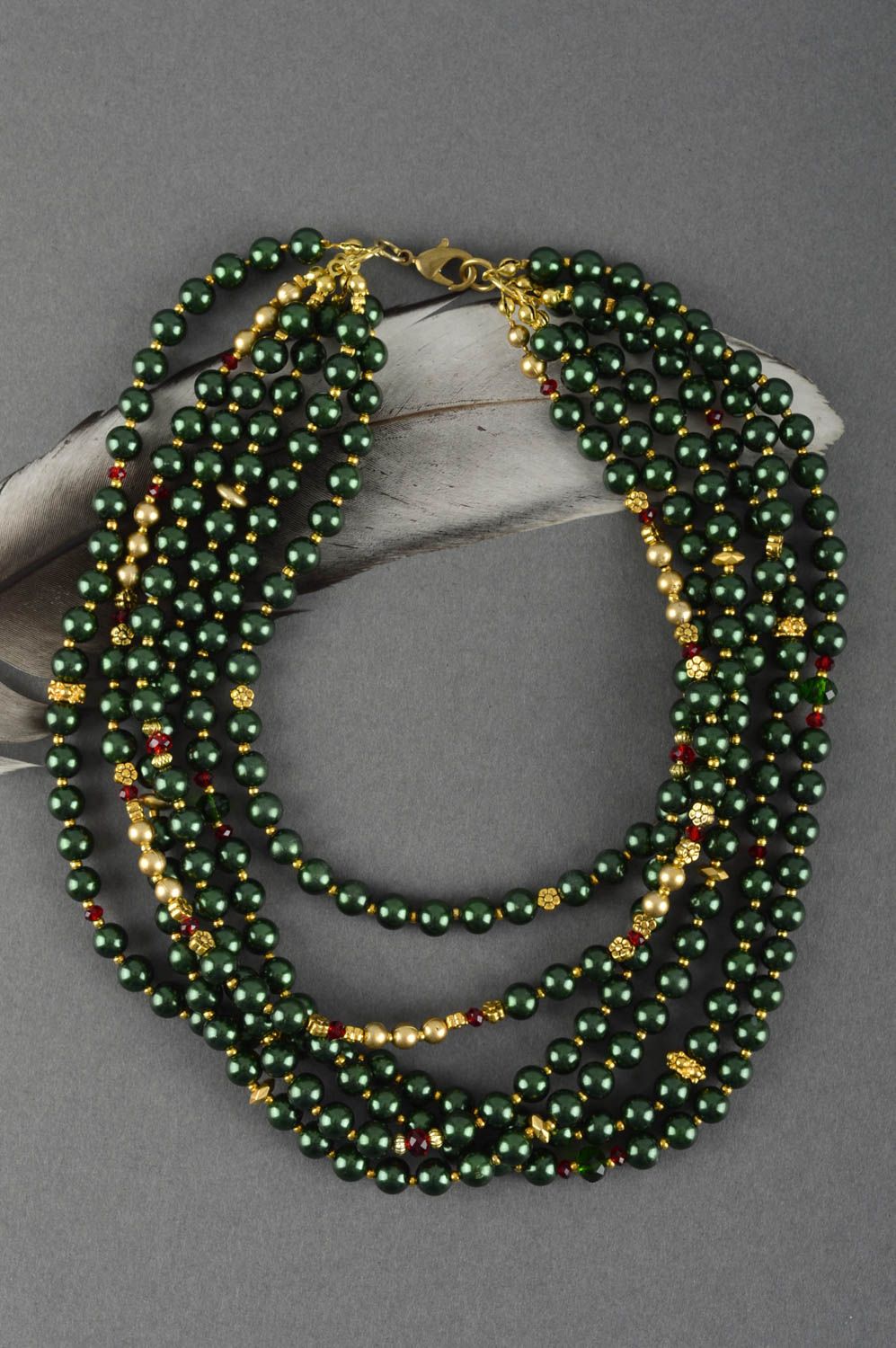 Gros collier Bijou fait main vert multirang en fausses perles Cadeau femme photo 1