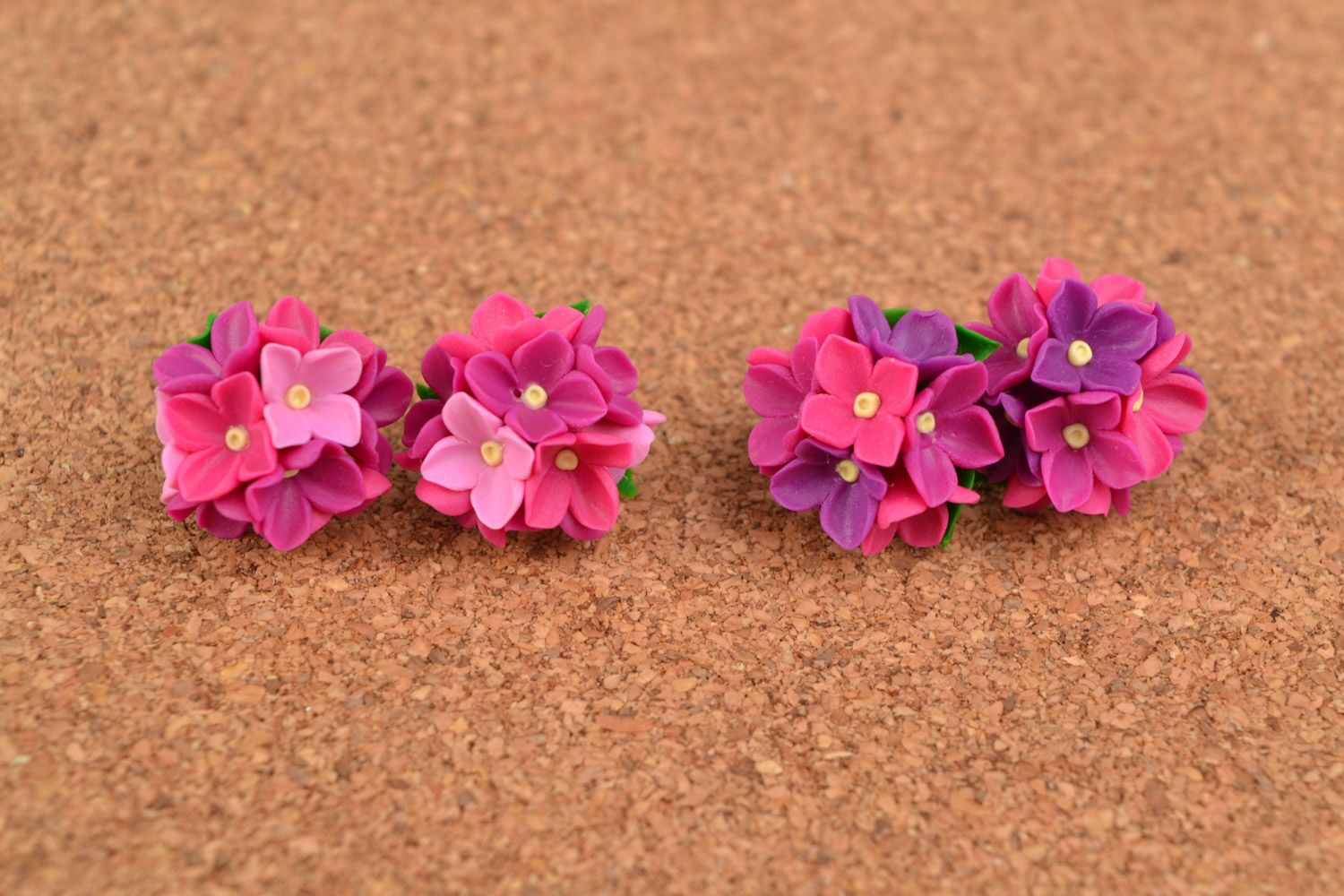 Handmade polymer clay lilac and violet floral stud earrings set of 2 pairs photo 5