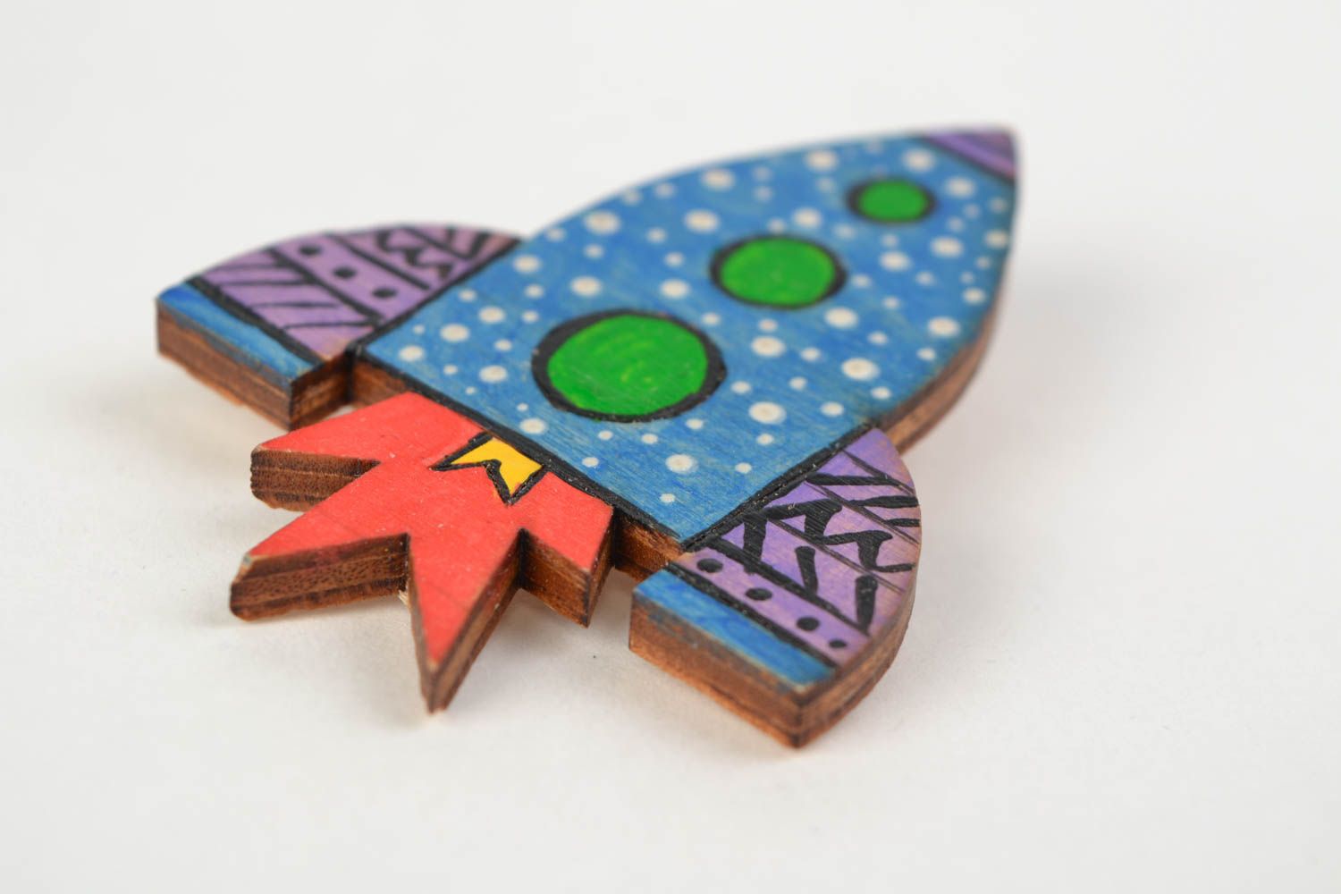 Handmade designer wooden brooch painted with acrylics in the shape of rocket photo 3
