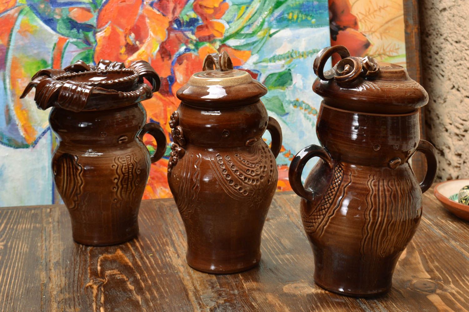 Set of three glazed ceramic dark brown kitchen pots 10 inches tall and 6 inches wide 6,4 lb photo 1